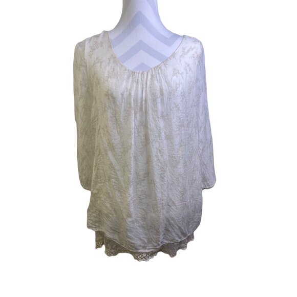 Giusy Blouse  Medium Ivory Tan  Floral 100% Silk - Picture 1 of 8